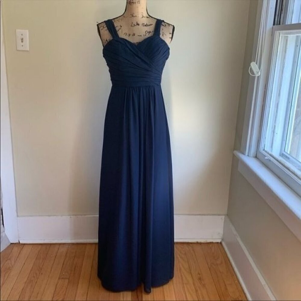 Bill Levkoff blue gown size 2 straps ruching at waist sweetheart neckline